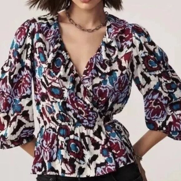 BA&SH Gato Wrap Blouse XS Floral Ruffle Ecru - Picture 1 of 9